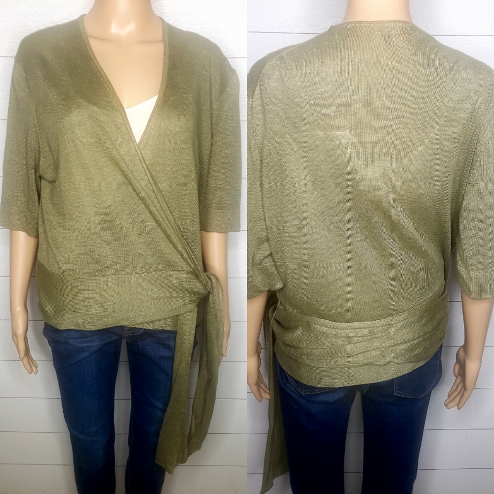 Lafayette148 New York Green 100% Linen Wrap Shirt